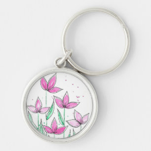 Whimsical Pink Watercolor Flowers Keychain