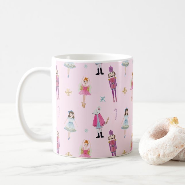 Whimsical Pink Watercolor Nutcracker Ballet Coffee Mug (With Donut)