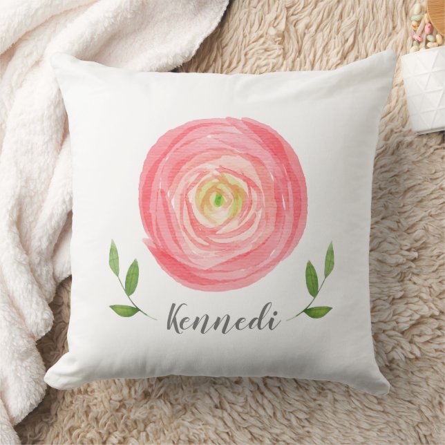 Whimsical Pink Watercolor Rose With Name Throw Pillow (Blanket)