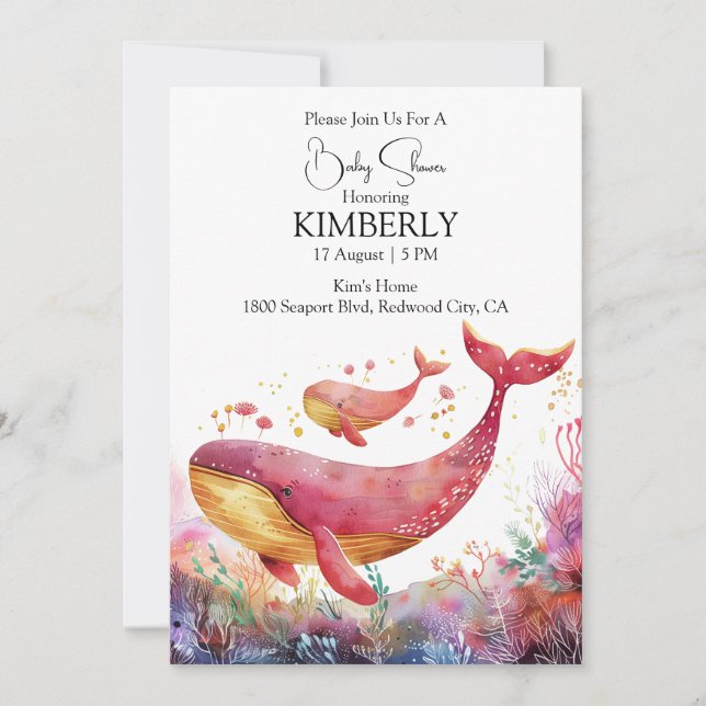 Whimsical Pink Whales Underwater Invitation (Front)