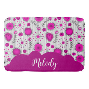 Whimsical pink white hearts flowers floral name bath mat