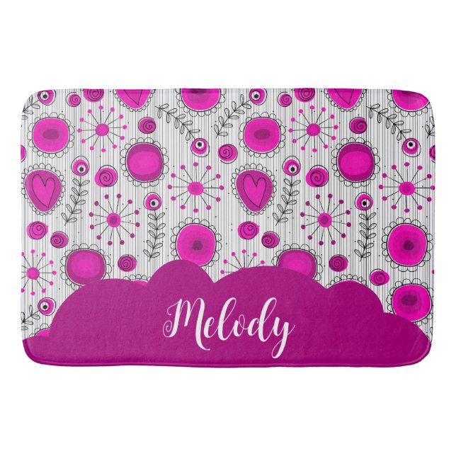 Whimsical pink white hearts flowers floral name bath mat (Front)