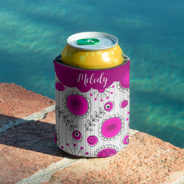 Whimsical pink white hearts flowers floral name can cooler (In Situ Pool)