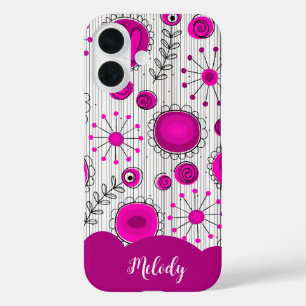 Whimsical pink white hearts flowers floral name iPhone 16 case