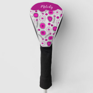 Whimsical pink white hearts flowers floral name golf head cover