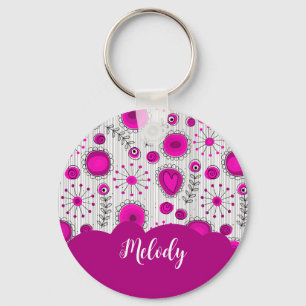 Whimsical pink white hearts flowers floral name keychain