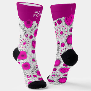 Whimsical pink white hearts flowers floral name socks