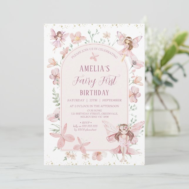 Whimsical Pink Wildflowers Fairy First Birthday Invitation (Standing Front)