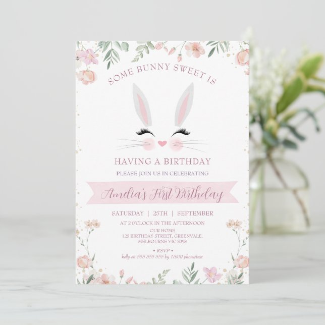 Whimsical Pink Wildflowers Some Bunny 1st Birthday Invitation (Standing Front)