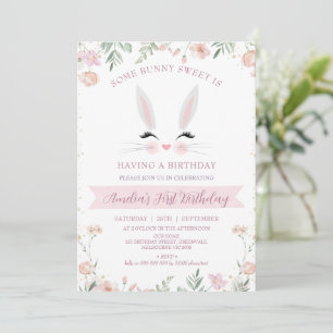 Whimsical Pink Wildflowers Some Bunny 1st Birthday Invitation