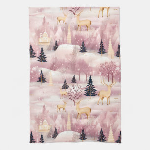 Whimsical Pink Winter Landscape (1) Kitchen Towel
