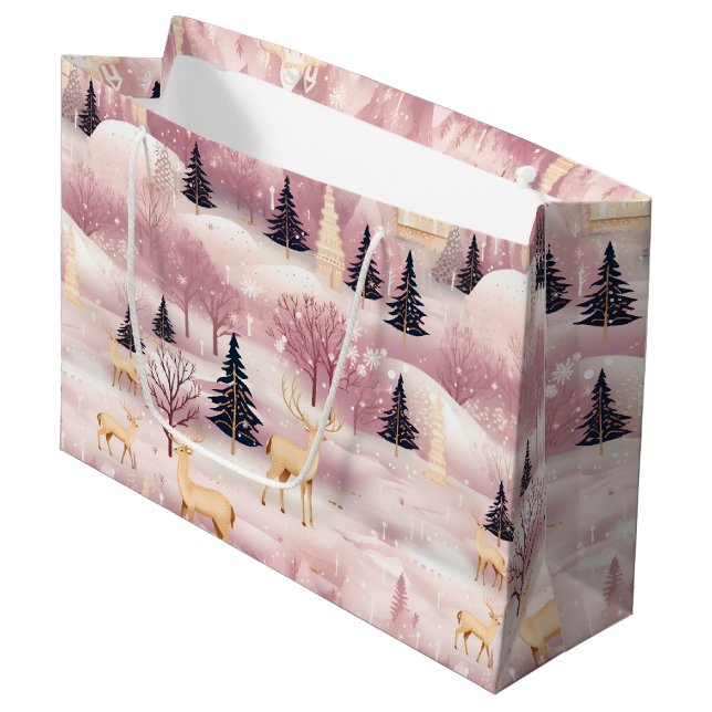 Whimsical Pink Winter Landscape (1) Large Gift Bag (Front Angled)
