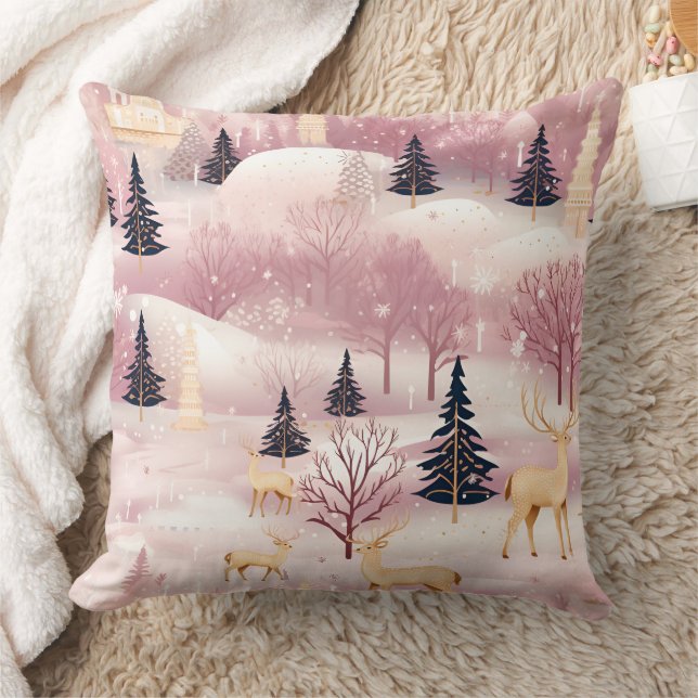 Whimsical Pink Winter Landscape (1) Throw Pillow (Blanket)