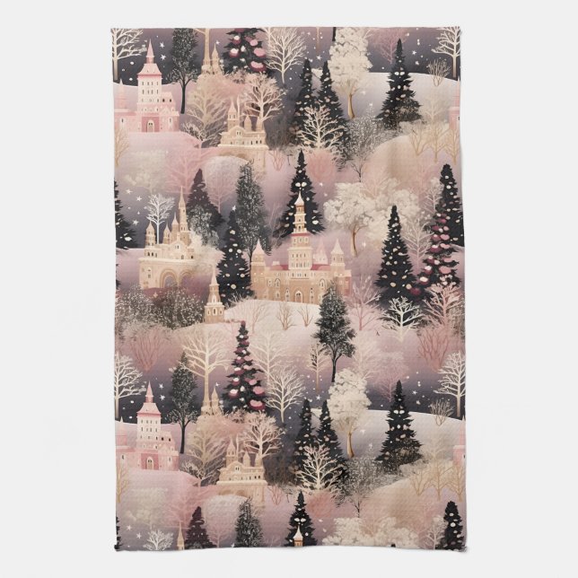 Whimsical Pink Winter Landscape (2) Kitchen Towel (Vertical)