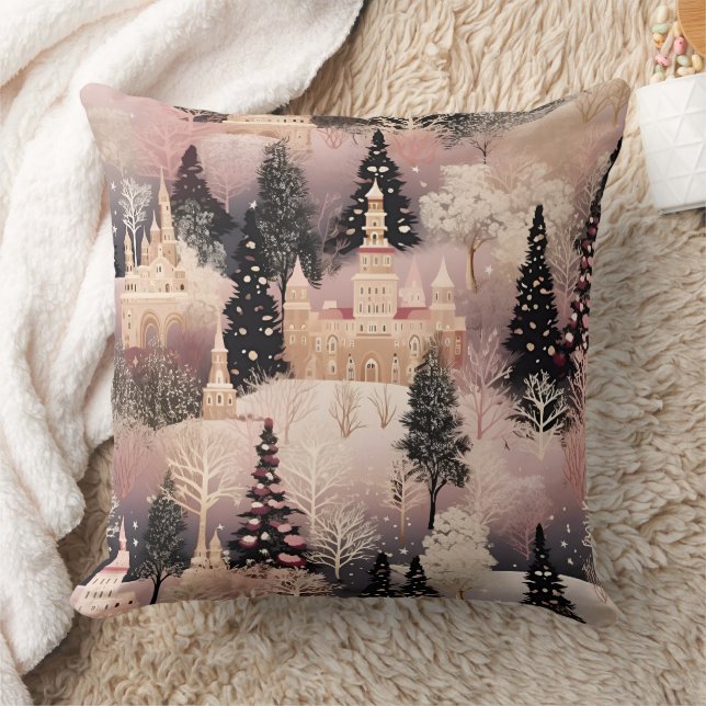 Whimsical Pink Winter Landscape (2) Throw Pillow (Blanket)