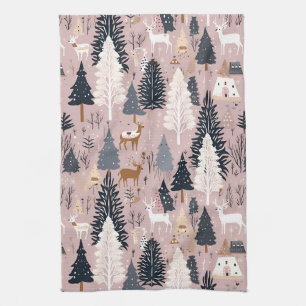 Whimsical Pink Winter Landscape (3) Kitchen Towel