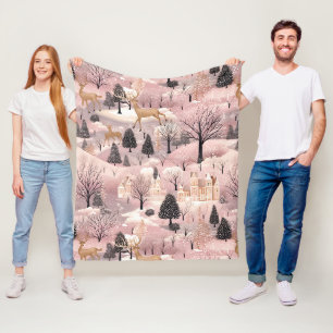 Whimsical Pink Winter Landscape (4) Fleece Blanket