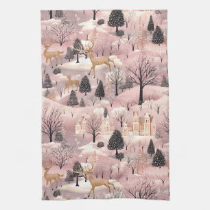 Whimsical Pink Winter Landscape (4) Kitchen Towel