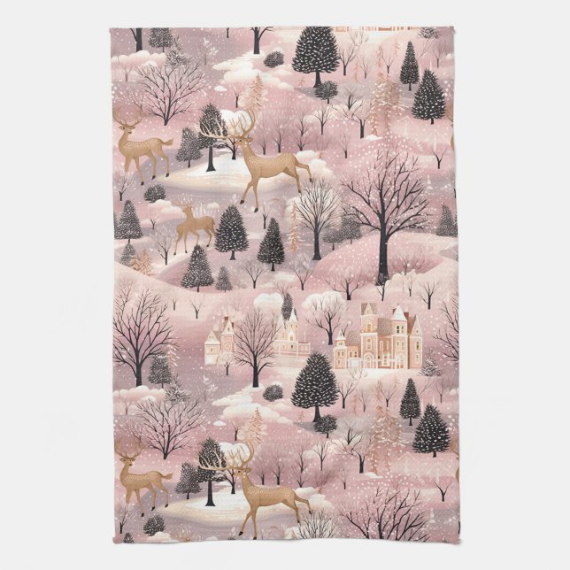 Whimsical Pink Winter Landscape (4) Kitchen Towel (Vertical)
