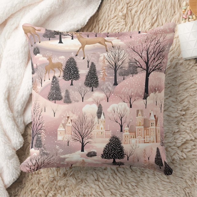 Whimsical Pink Winter Landscape (4) Throw Pillow (Blanket)