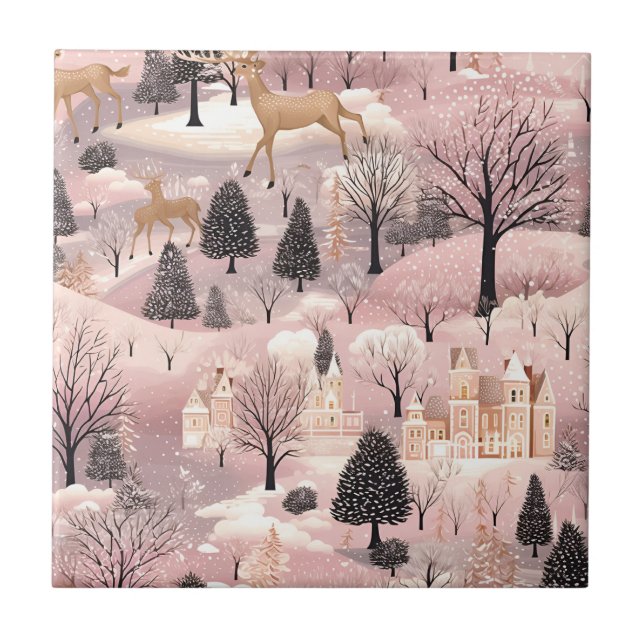 Whimsical Pink Winter Landscape (4) Tile (Front)
