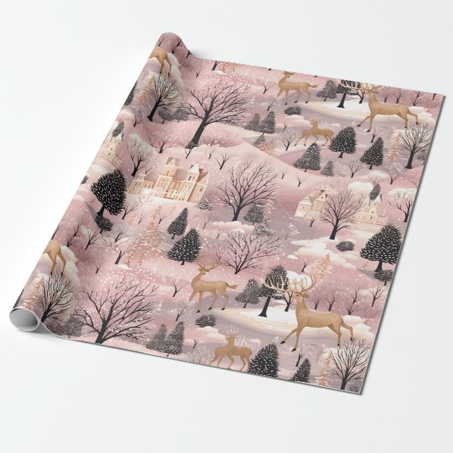 Whimsical Pink Winter Landscape (4) Wrapping Paper (Unrolled)