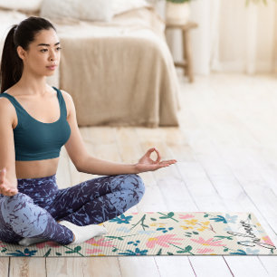 Whimsical Pink Yellow Floral Pattern Personalized Yoga Mat