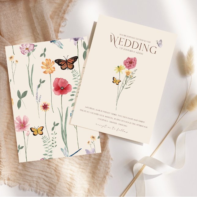 Whimsical Pink Yellow Wildflower Butterfly Wedding Invitation (Simple Pink Yellow Wildflower Whimsical Wedding Invitation)