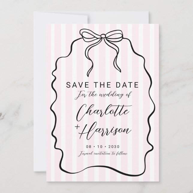 Whimsical Pinstripe Bow Wedding Save The Date Invitation (Front)