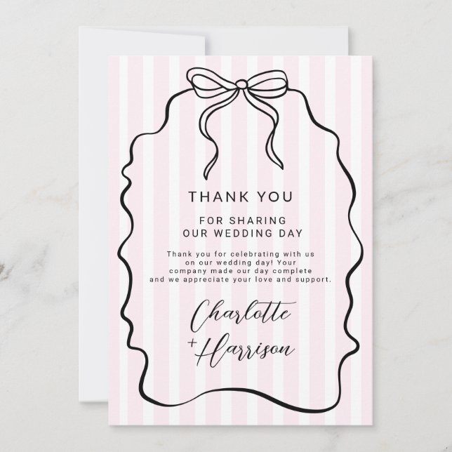 Whimsical Pinstripe Bow Wedding  Thank You Card (Front)