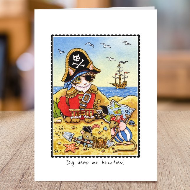 Whimsical Pirate Cat Mice Folded Greeting Card (Creator Uploaded)