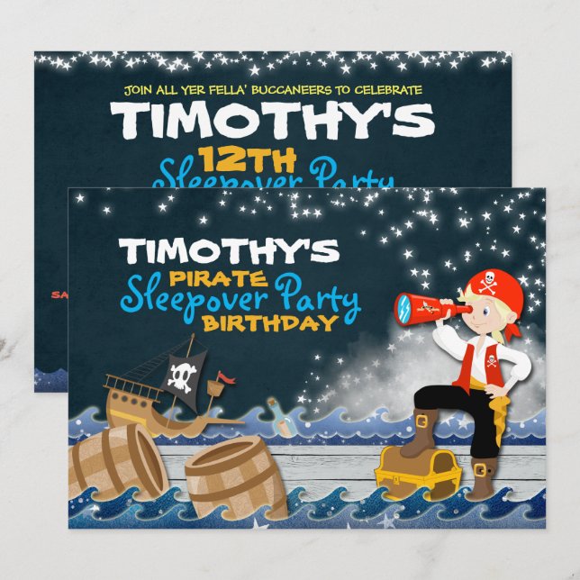 Whimsical Pirate Sleep Over Birthday Party Invite (Front/Back)