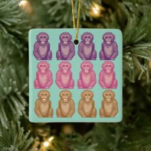 Whimsical Pixel Style Colourful Monkeys Ceramic Ornament