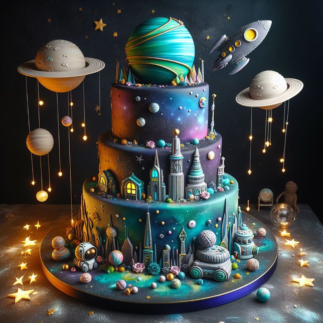WHIMSICAL PLANETS & ROCKETS KIDS BIRTHDAY CAKE CARD (Creator Uploaded)