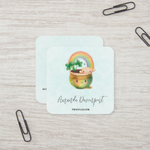 Whimsical Planter with Rainbow & Clover Square Business Card