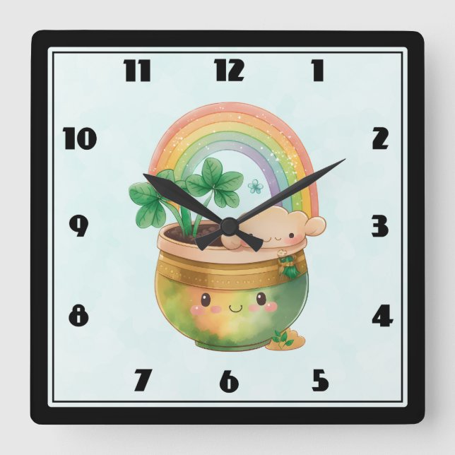 Whimsical Planter with Rainbow & Clover Square Wall Clock (Front)