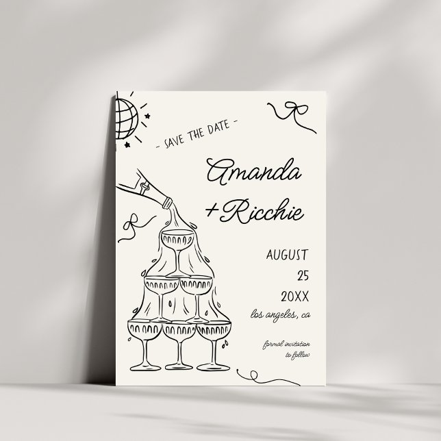 Whimsical Playful Champagne Tower Doodle Wedding Save The Date (Creator Uploaded)