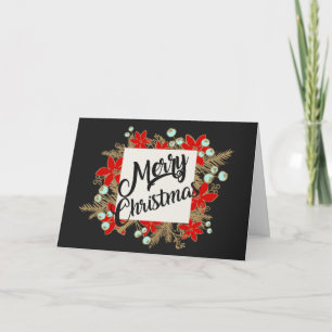 Whimsical Poinsettias Merry Christmas Wreath Holiday Card