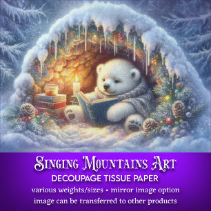 Whimsical Polar Bear Winter Book Reading Decoupage Tissue Paper