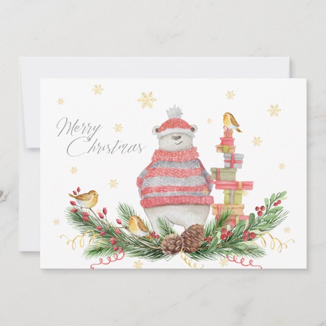 Whimsical Polar Bear With Holiday Greens and Birds (Front)