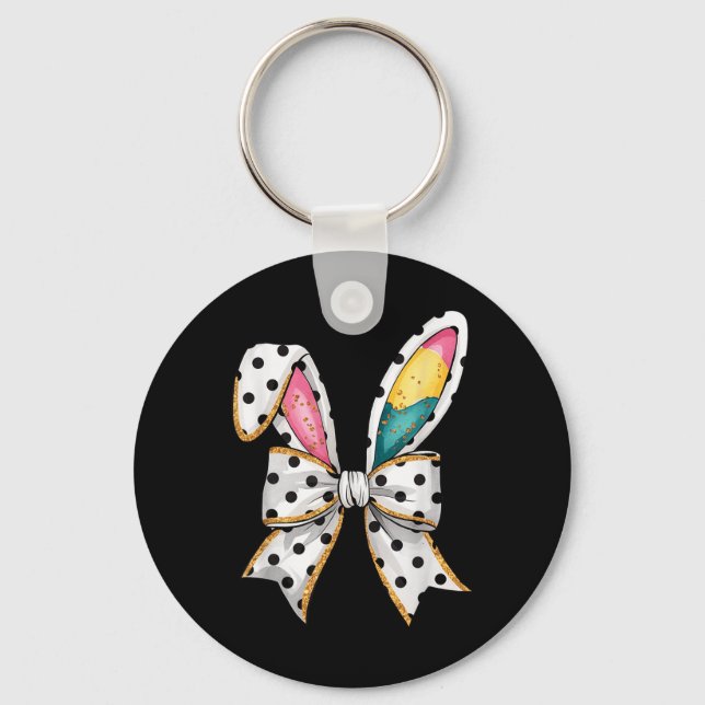 Whimsical Polka Dot Bow Ears Easter Sunday  Keychain (Front)