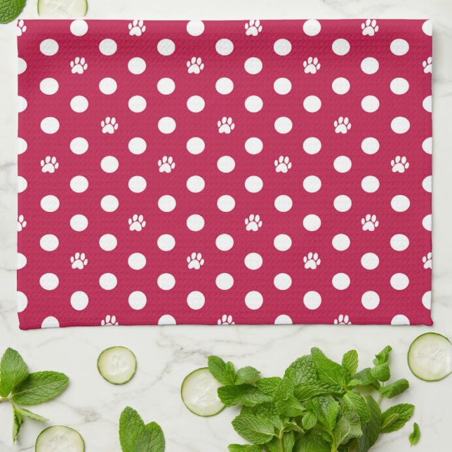 Whimsical Polka Dot Dog Paw Print Red Kitchen Towel (Folded)