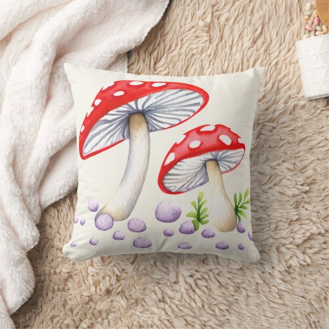 Whimsical Polka Dot Mushrooms Throw Pillow (Blanket)