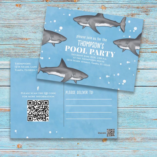Whimsical Pool Party Sharks QR Code Social Media Postcard (Creator Uploaded)