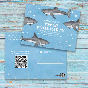 Whimsical Pool Party Sharks QR Code Website Postcard