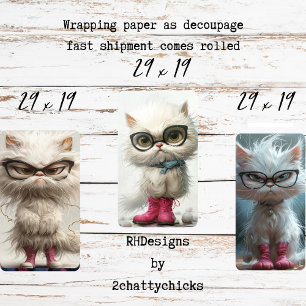 Whimsical Pouty White Cats Decoupage  Wrapping Paper Sheet