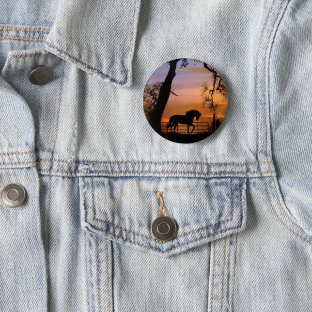 Whimsical Prancing Horse in Southwestern Sunrise 2 Inch Round Button (In Situ)