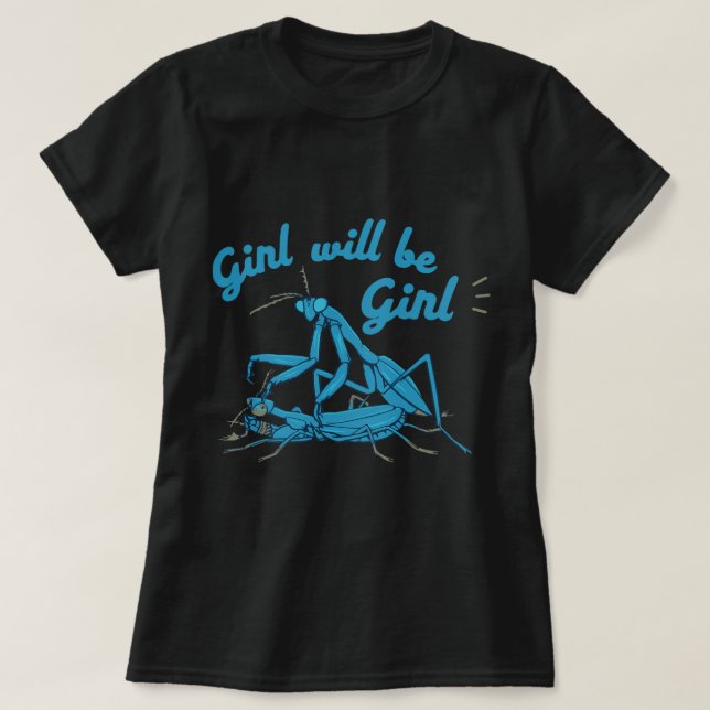 Whimsical Praying Mantis Design with Bold Letterin T-Shirt (Design Front)