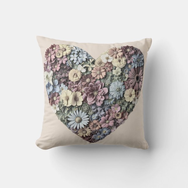 Whimsical Pressed Flower Heart Botanical Drawing  Throw Pillow (Front)