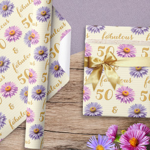 Whimsical Pretty Pink Cream Floral 50th Birthday Wrapping Paper